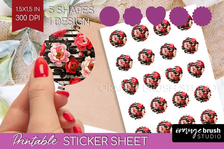 Peony Flowers Round Sticker - Floral Printable Sticker Sheet example image 1