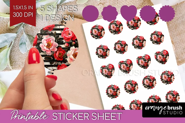 Peony Flowers Round Sticker - Floral Printable Sticker Sheet