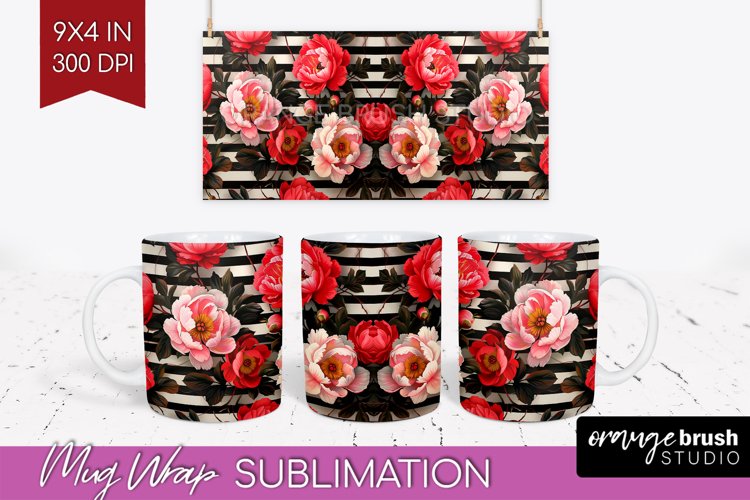 Peony Flowers Mug Wrap - Floral Mug PNG Sublimation
