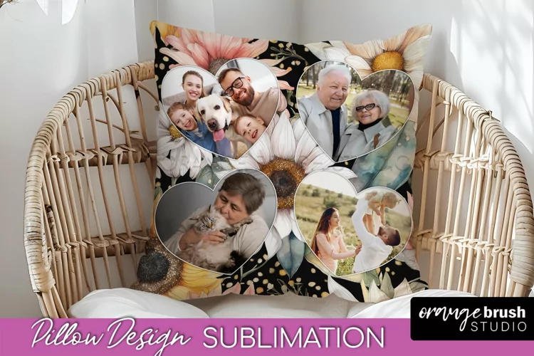 Family Photo Frame Pillow Sublimation - Floral Pillow Cover