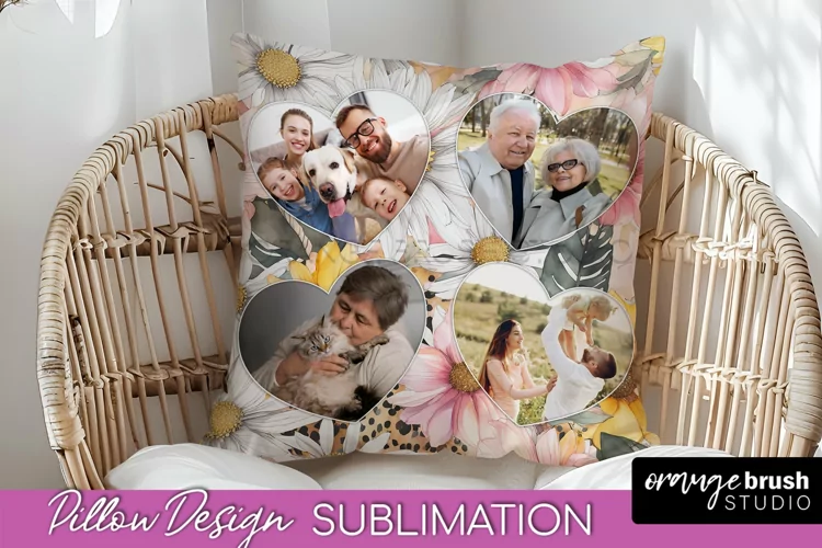 Family Photo Frame Pillow Sublimation - Floral Pillow Cover