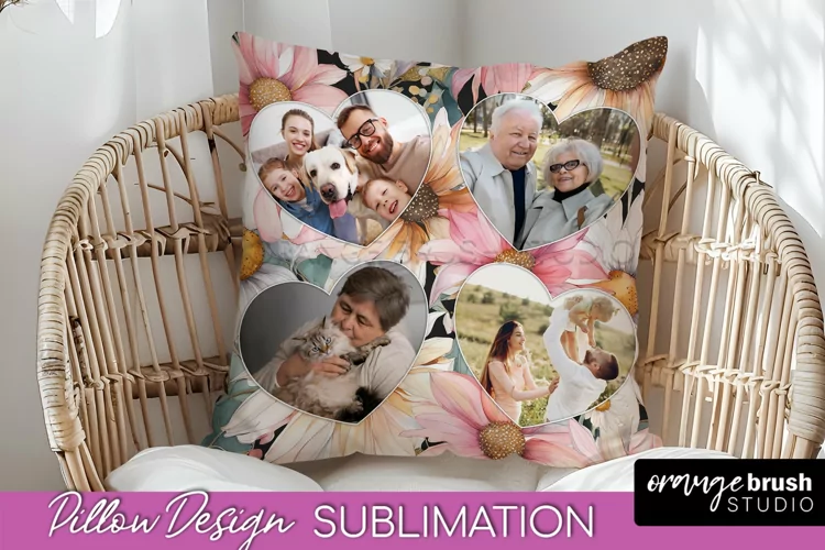 Family Photo Frame Pillow Sublimation - Floral Pillow Cover