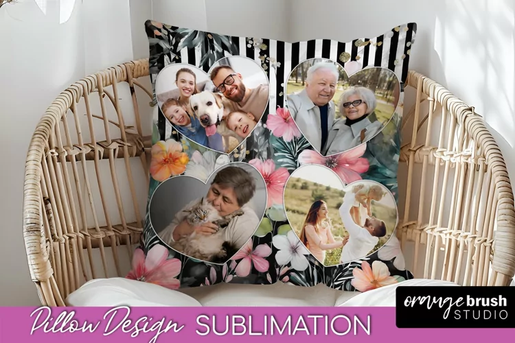 Family Photo Frame Pillow Sublimation - Floral Pillow Cover