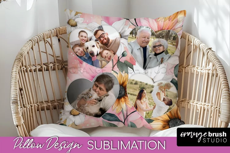Family Photo Frame Pillow Sublimation - Floral Pillow Cover