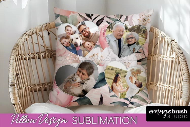 Family Photo Frame Pillow Sublimation - Floral Pillow Cover