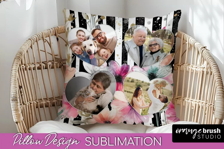 Family Photo Frame Pillow Sublimation - Floral Pillow Cover