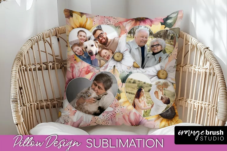 Family Photo Frame Pillow Sublimation - Floral Pillow Cover