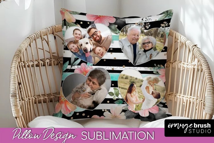 Family Photo Frame Pillow Sublimation - Floral Pillow Cover