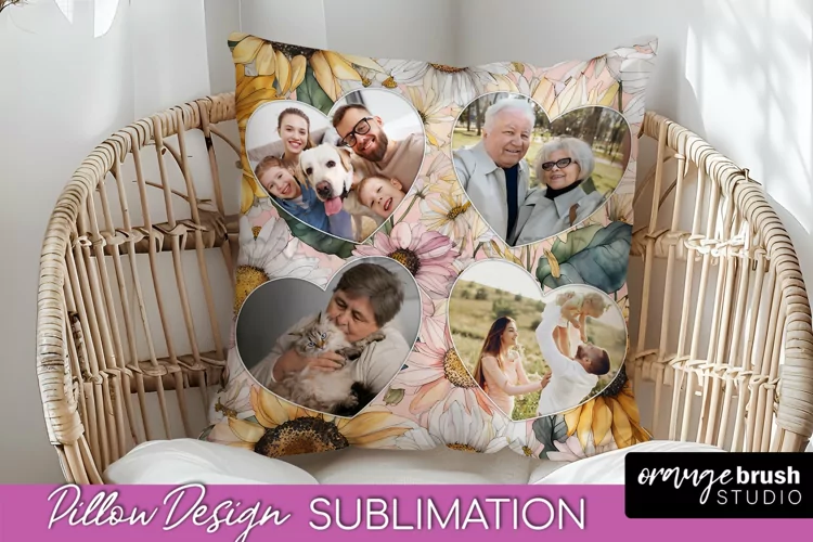 Family Photo Frame Pillow Sublimation - Floral Pillow Cover