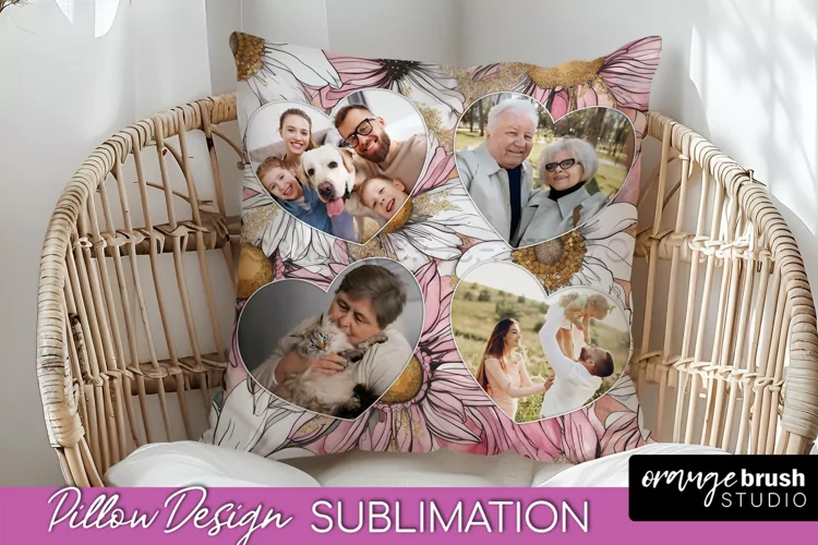 Family Photo Frame Pillow Sublimation - Floral Pillow Cover