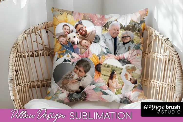 Family Photo Frame Pillow Sublimation - Floral Pillow Cover