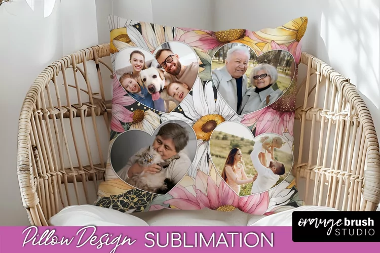 Family Photo Frame Pillow Sublimation - Floral Pillow Cover