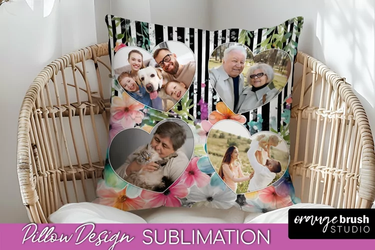 Family Photo Frame Pillow Sublimation - Floral Pillow Cover