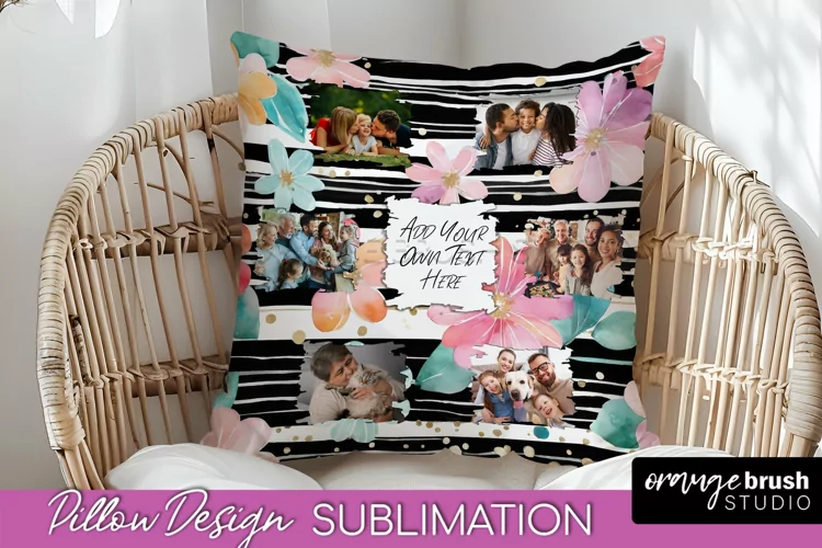 Family Photo Frame Pillow Sublimation - Floral Pillow Cover