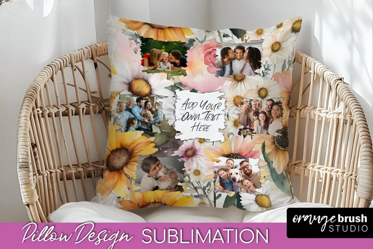 Family Photo Frame Pillow Sublimation - Floral Pillow Cover
