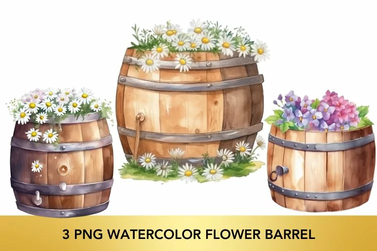 3 png Watercolor Flower Barrel, Flower Barrel Clipart PNG