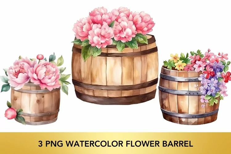 3 png Watercolor Flower Barrel, Flower Barrel Clipart PNG