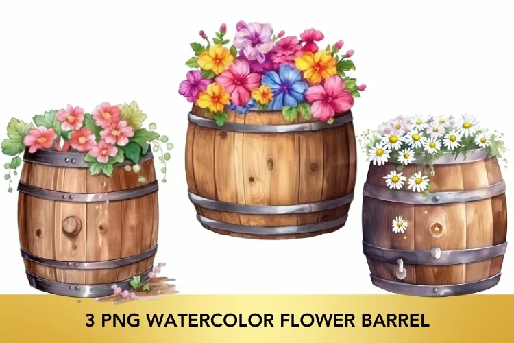 3 png Watercolor Flower Barrel, Flower Barrel Clipart PNG