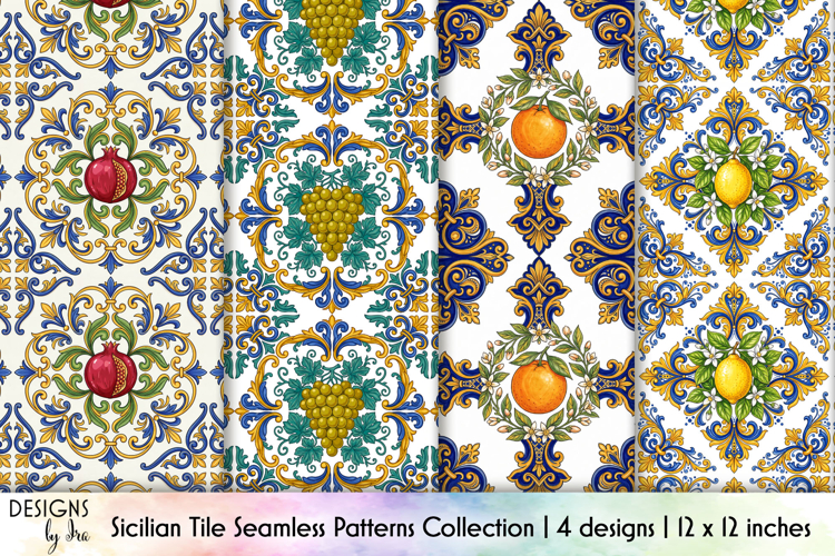 Sicilian Tile Seamless Patterns, Mediterranean Fruits Print
