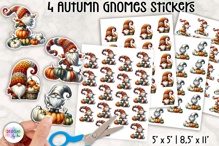 Autumn Gnome Stickers, Cute Fall Harvest Pumpkin and Leaves