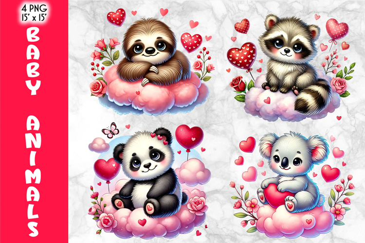 Cute Baby Animals on Clouds Valentine Clipart, Valentines