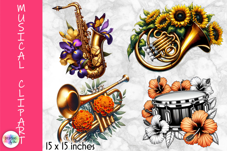 Musical Instruments with flowers Clipart, Music and Flowers
