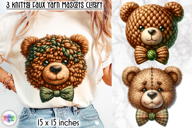 Knitted Teddy Bear Clipart, Faux Yarn Plush Mascot Print