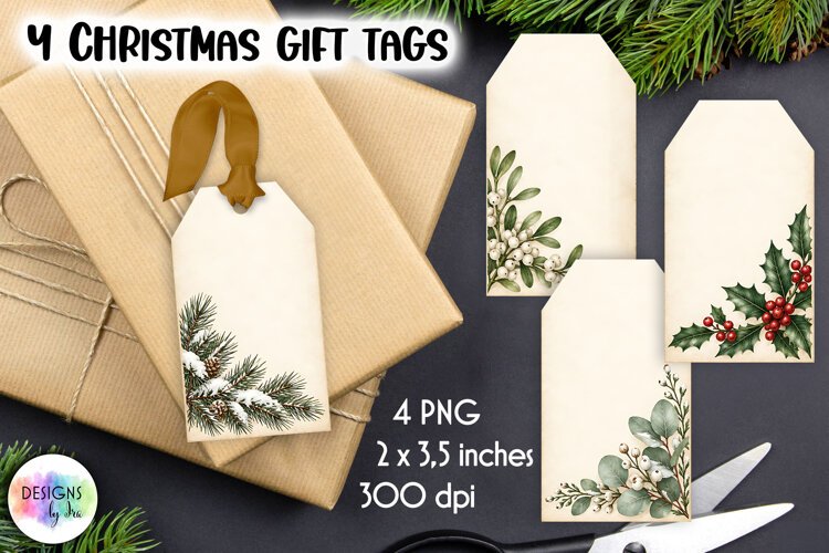 Vintage Gift Tags Printable, Winter Botanical Christmas Tags example image 1