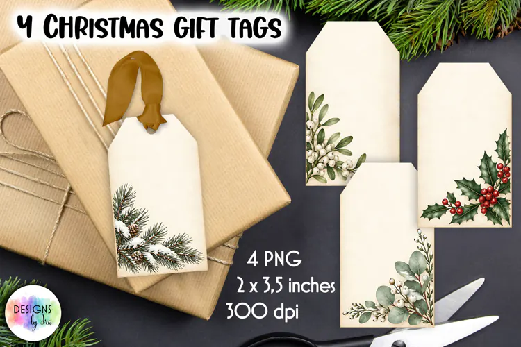 Vintage Gift Tags Printable, Winter Botanical Christmas Tags