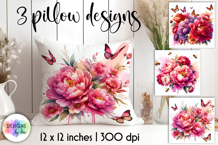 Peony Watercolor Floral Illustration with Butterflies