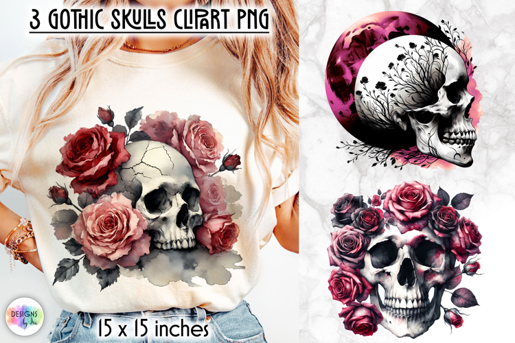 Gothic Skull Clipart, Dark Roses & Crow Skull PNG