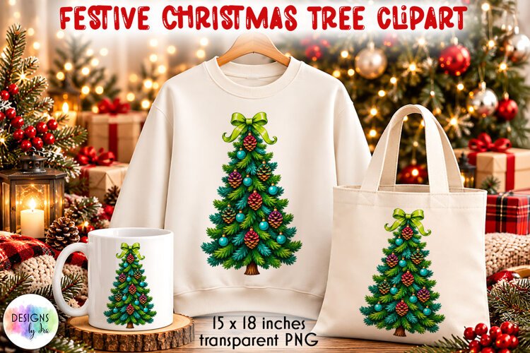 Christmas Tree PNG with Colourful Pinecones and Baubles example image 1