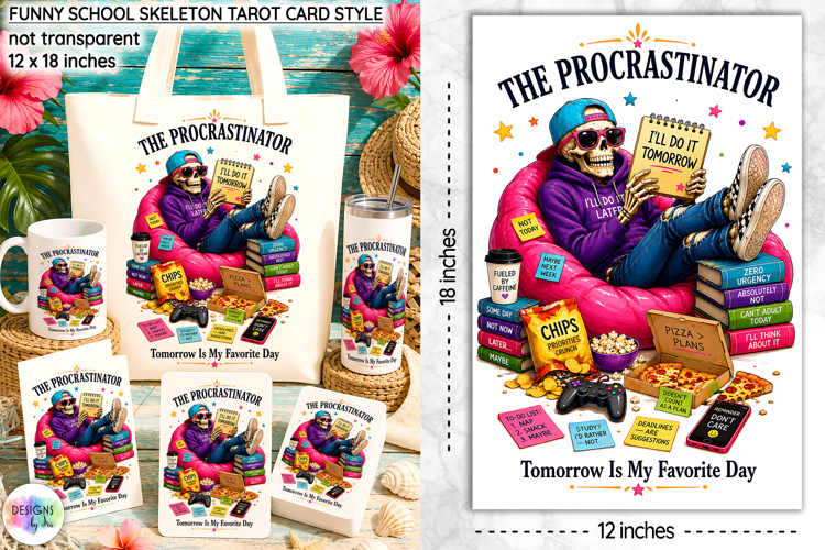 Funny School Skeleton Tarot Card PNG, The Procrastinator