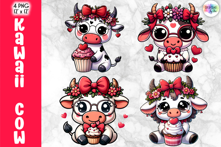 Cute Valentine Highland Cow Clipart, Baby Cow Kawaii PNG