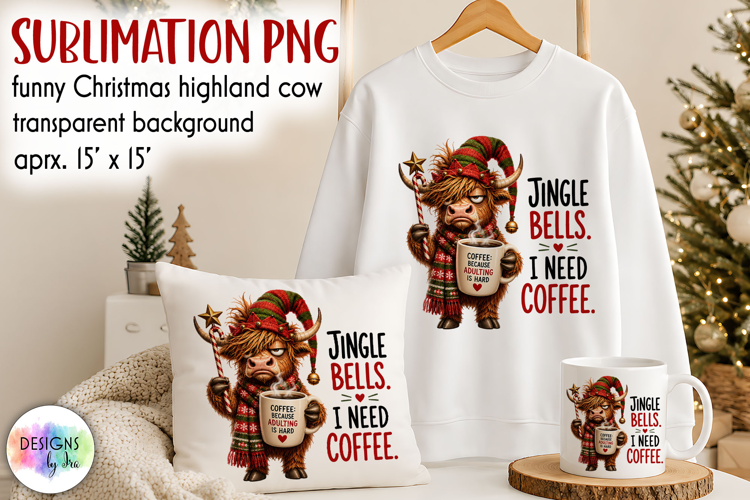 Jingle Bells Coffee Highland Cow Christmas PNG