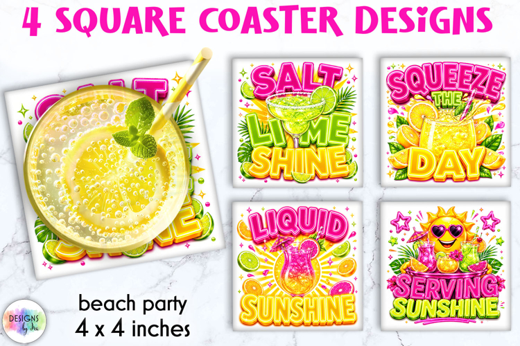 Neon Summer Cocktail Coaster Designs, Tropical Drink Quotes