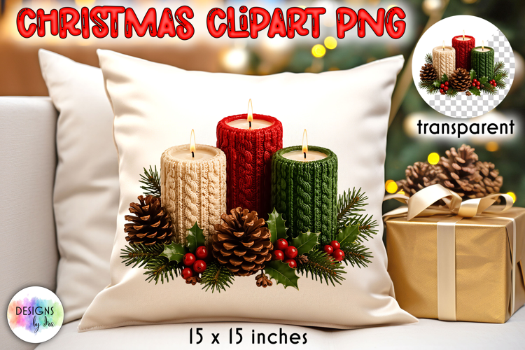 Knitted Christmas Candles and Pinecones PNG