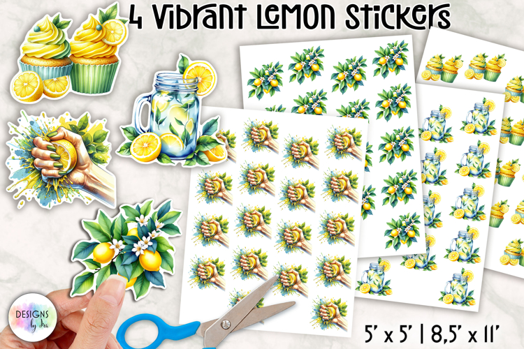 Vibrant Lemon Stickers, Citrus Illustrations, Printable PNG