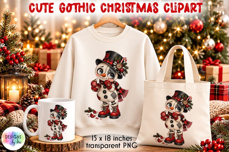 Gothic Patchwork Christmas Snowman PNG, Christmas Clipart example image 1
