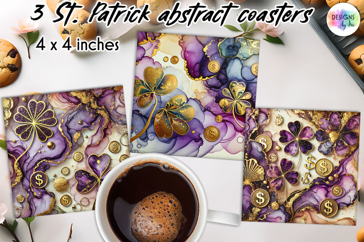 St. Patrick’s Day Clover Coasters, Alcohol Ink Shamrocks PNG