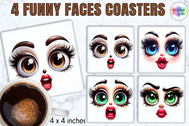 Funny Faces Coasters, Cute Emoji Face Sublimation Designs