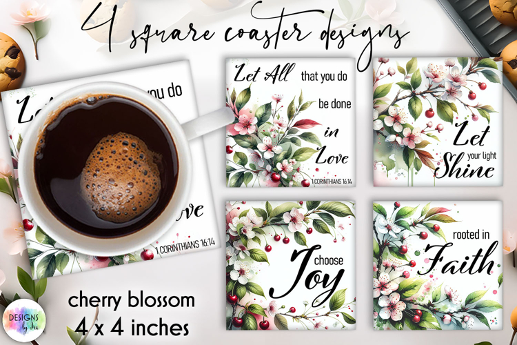 Religious Quotes and Cherry Blossoms Coasters, Christian PNG