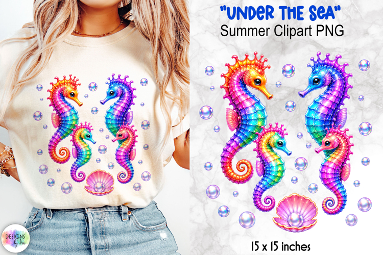 Holographic Summer Clipart, Rainbow Seahorse Family PNG