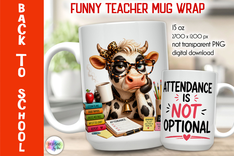 Funny Cow Teacher Mug Wrap Sublimation, Back to School PNG