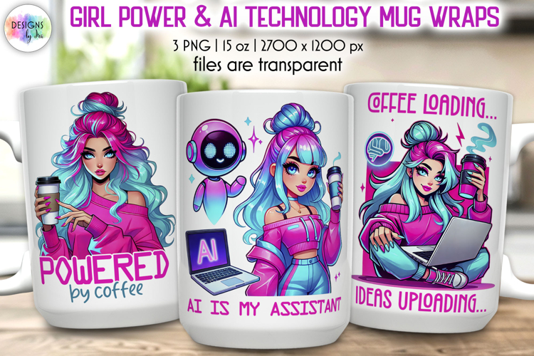 Girl Power and AI Technology Mug Wrap, Inspirational PNG