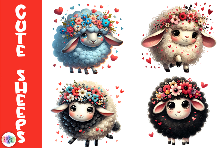 Cute Valentine Sheep Clipart, Fluffy Love Sheep with Hearts