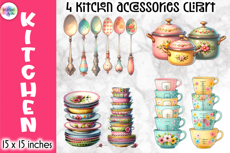 Vintage Kitchen Accessories Clipart, Retro Cooking & Baking