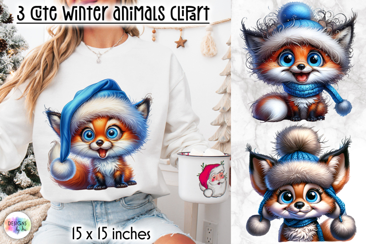 Cute Winter Animals in Blue Hat Clipart, Funny Baby Fox PNG