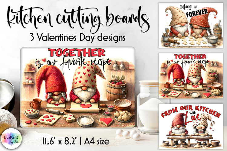Valentine Gnome Kitchen Cutting Board Designs, Love Baking