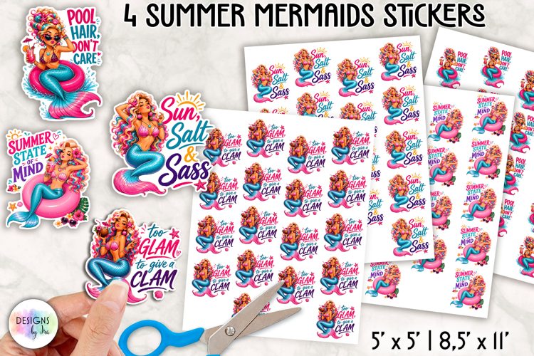 Summer Mermaid Stickers PNG, Tropical Planner Stickers